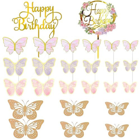 VEGCOO 48 Pcs Papillon Décoration, 2 Pcs Cake Toppers Acrylique,6 Pcs Autocollants Papillons 3D, Topper Happy Birthday,Décoratio