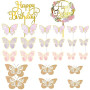 VEGCOO 48 Pcs Papillon Décoration, 2 Pcs Cake Toppers Acrylique,6 Pcs Autocollants Papillons 3D, Topper Happy Birthday,Décoratio