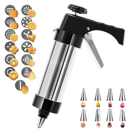 KINDLUME Machine a Churros, Appareil a Churros en Acier Inoxydable, Presse Biscuit avec 13 Pochoirs, 8 Douilles, Outil Multifonc