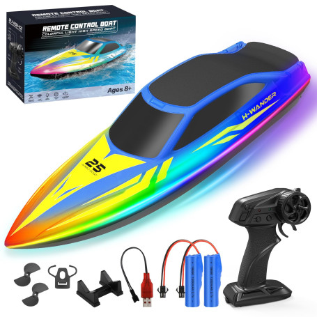 WUQNGI Bateau Télécommandé Enfant et Adulte, RC Bateau 2,4 GHz avec Lumières LED, 2 Piles Rechargeables Bateau Radiocommandé Éle