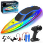 WUQNGI Bateau Télécommandé Enfant et Adulte, RC Bateau 2,4 GHz avec Lumières LED, 2 Piles Rechargeables Bateau Radiocommandé Éle