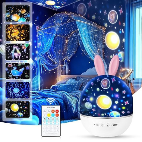 URAQT Veilleuse Enfant Lampe Etoile Projecteur, Veilleuse Bébé, Lampe Etoile Projecteur Veilleuse Enfant, 360°Rotation Telecomma