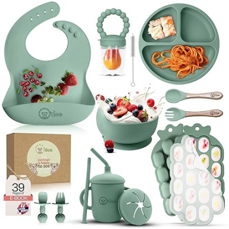 O'doe Vaisselle Bebe | Set Repas Bebe 1er Age 15 Pièces – Coffret Repas Bebe avec Bol Silicone à Ventouse, Cuillères, Tasses, Ba