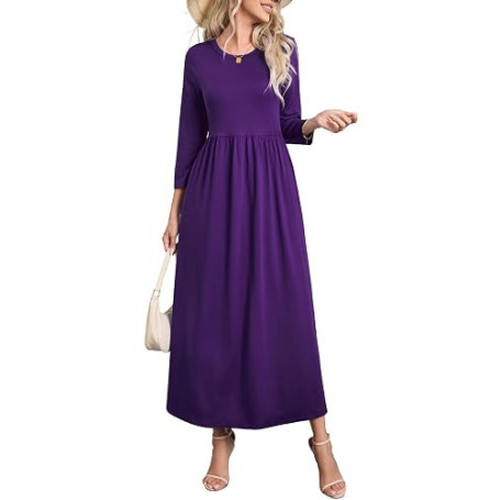 Enmain Robe Longue Manche Longue Femme Automne/Hiver Elegant Couleur Unie Robe Femme Longue A Line Haute et Chic Dress avec Poch