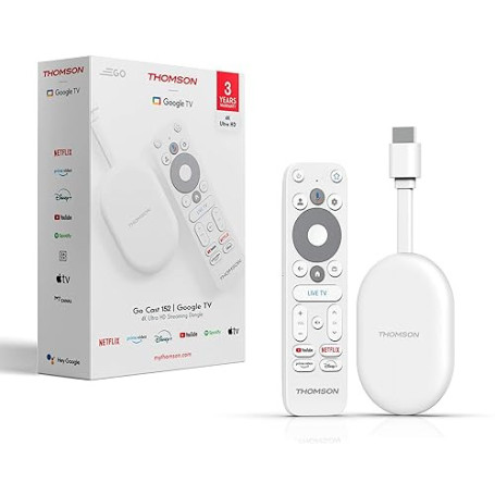 Thomson Go Cast 152 Dongle de Streaming, 4K UHD Google TV, Commande Vocale, Google Cast, Dolby Atmos, Dolby Digital+, HDR10, Por