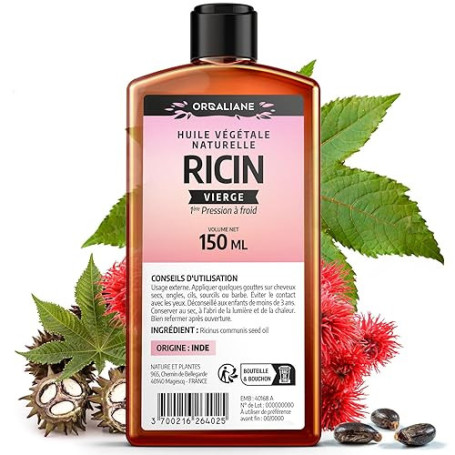 Huile de Ricin 150 ml - Orgaliane - Pure et Naturelle - Barbe, Cheveux, Cils, Ongles, Peau.