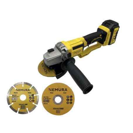 Nemura Meuleuse d'Angle Électrique Sans Fil 20V - Outil Moteur Sans Balais Brushless - avec 3 Disques 125 mm, 1 Clé à Molette, 1
