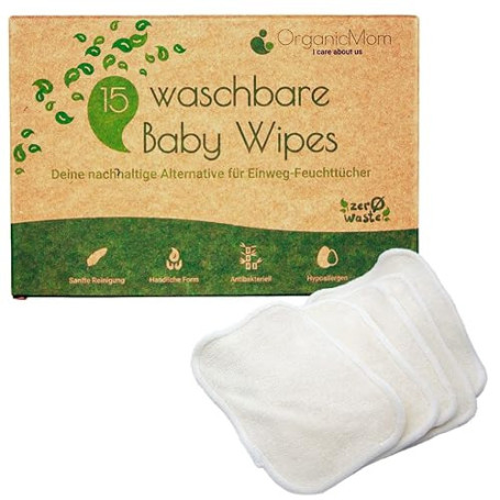 OrganicMom® Lot de 15 lingettes de toilettage lavables en bambou avec filet à linge doux et durables lavables pour remplacement