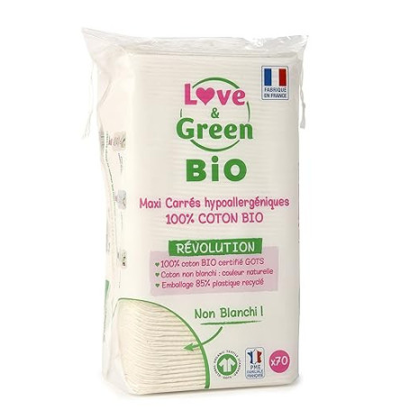 Love & Green - Cotons Maxi Carrés Hypoallergéniques x70 - Change et Toilette Bébé - 100% Bio - Non Blanchis, Doux et Naturels -