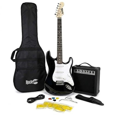 RockJam Kit Guitare Électrique Taille Standard pour Débutants, Noir, 6 Cordes avec Ampli 10 W, Housse, Sangle, Câble, Médiators