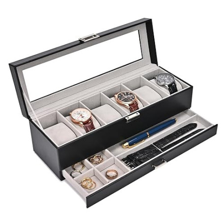 ProCase Boite a Montre à 2 Niveaux, 6 Emplacements avec Coussins pour Montres, 2ème Compartiment pour des Petits Bijoux Accessoi