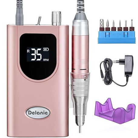 Delanie Ponceuse pour Ongles Professionnelle 35000 RPM Portable Rechargeable Avec Affichage LCD et 6 Embouts Ponçage pour Pédicu