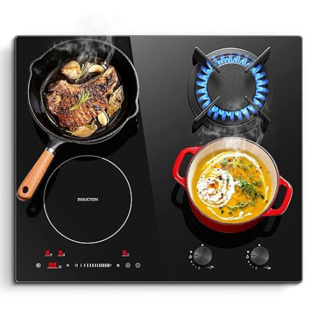SNDOAS Table de Cuisson Mixte Gaz Induction 4 Foyers 59cm, 7500W Totale, Plaque de Cuisson Induction 4100W avec Boost & Pont, Pl