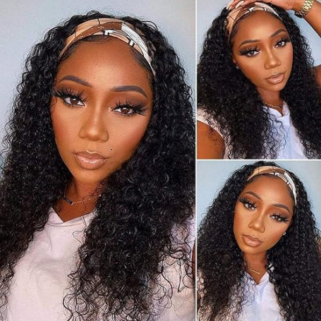 Perruque Bresilienne Cheveux Humains Bouclée avec Bandeau Deep Wave 18 Pouces (45cm) 150% Densité Perruque Femme Brésilien Curly