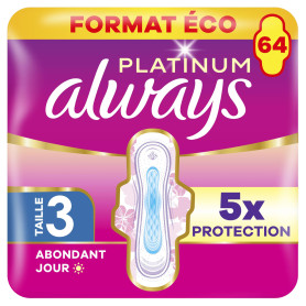 Always Platinum Serviettes Hygiéniques, Taille 3, Day & Night, 64 Serviettes Avec Ailettes, Flux Abondants Jour et Nuit, Format 