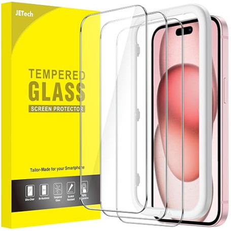 JETech Protection D'écran pour iPhone 15 6,1 Pouces, Film en Verre Trempé avec Outil d'Installation Facile, Compatible Coque, Tr