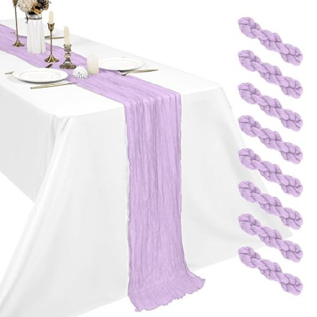 Lot de 8 Chemins de Table Violet Clair, 45 x 275 cm, Chemins de Table en Étamine Froissée, Gaze Bohème Rustique pour Mariage, An
