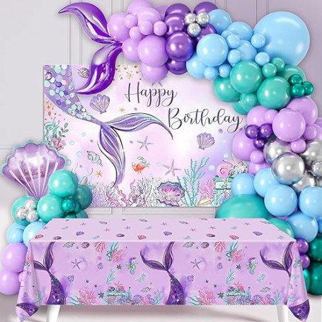 Kit Arche Ballon Sirène, 109pcs Decoration Anniversaire Sirène en Ballon Bleu Vert Violet, Nappe Sirène & Toile De Fond pour Dec