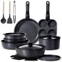 GiPP Batteries de Cuisine avec Poignée Amovible 21PCS, Sets de Poêles et Casseroles avec Revêtement Antiadhésif en Granit, Adapt