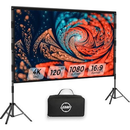 Écran de Projection Portable 120 Pouces avec Trépied - LEORFI Toile de Projection HD 4K 16:9 pour Intérieur/Extérieur, Projectio