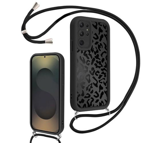 Kilbnom Coque Léopard pour Samsung Galaxy S25 Ultra 5G avec Cordon, Aesthetic Motif Vache Noir Été Design, Étui Silicone Anti‑Ch