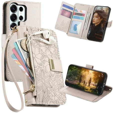 Ysnzaq Coque pour Samsung Galaxy S26 Ultra avec Porte Carte,avec Motif de Fleur et Feuilles en Relief,Cuir Rabat Folio Pochette