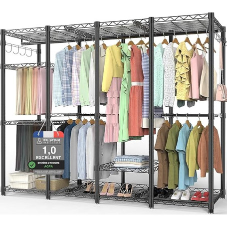 AQRA Portant à Vêtements, Conception de Porte-Pantalons Professionnel,9 Étagères Hauteur Réglable,5 Barres,4 Options d'Assemblag