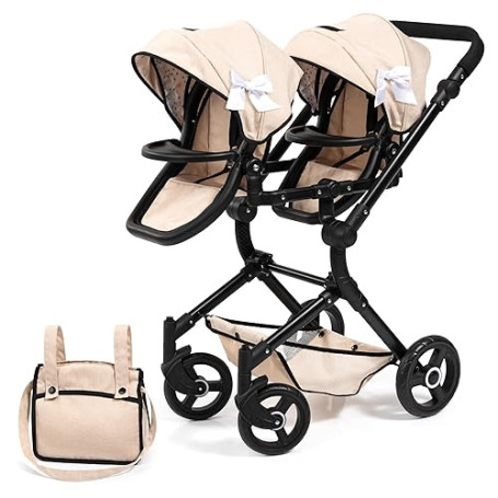 Bayer Design 26275AA Landau Jumeaux pour poupée, Poussette, réglable, Pliable, Panier intégré, Sac, Compatible avec siège Auto E