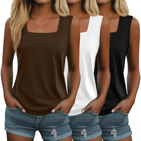 Suilung Lot de 3 Débardeurs pour Femme Hauts sans Manches Décontractés pour l'Été Coupe Ample et Col Carré