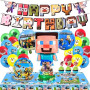 Kit de Décoration de Fête d'Anniversaire, 71 Pièces Pixel Deco Anniversaire à Thème pour Enfant, Bannières d'Anniversaire, Vaiss