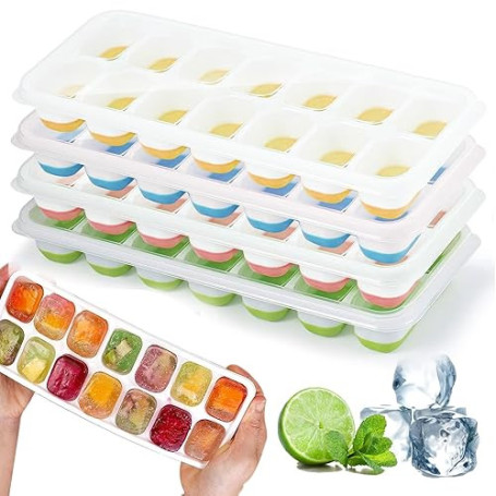 4 Pièces bacs à glaçons en silicone avec couvercle,Moule à Glaçons,Certifié LFGB - Sans BPA,bacs à glaçons carrés faciles à reti