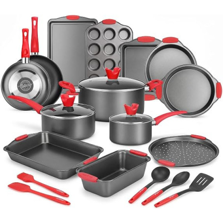 NutriChef Batterie de Cuisine 21 Pièces Antiadhésive – Casseroles Poêles Moules Ronds Carrés Pain Muffins Plaque Pizza Plaque Bi