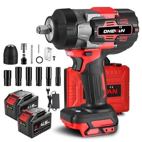 ONEVAN cle a choc sans fil 1700 N.m, 1/2" clé à choc sur batterie avec 2 batteries 4,0 Ah et 6 clés à douille (14/17/18/19/21/22