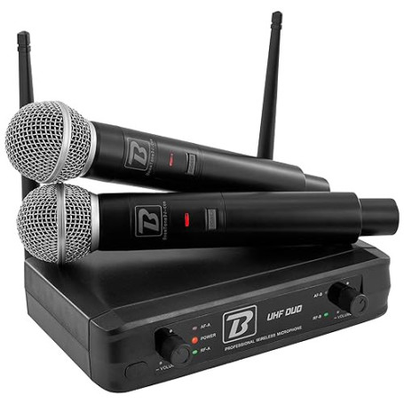 BoomToneDJ UHF Duo - Système Complet micros sans Fil UHF - 2 Microphones dynamiques Main - Double Canal - 663.5 et 682.2 MHz. Id