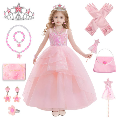 TOSZOLY Robe Glinda Enfant de Princesse, Glinda Costume Princesse Rose avec Accessoires de Baguette Magique Princesse Couronne, 
