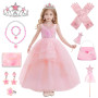 TOSZOLY Robe Glinda Enfant de Princesse, Glinda Costume Princesse Rose avec Accessoires de Baguette Magique Princesse Couronne, 
