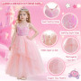 TOSZOLY Robe Glinda Enfant de Princesse, Glinda Costume Princesse Rose avec Accessoires de Baguette Magique Princesse Couronne, 