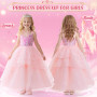TOSZOLY Robe Glinda Enfant de Princesse, Glinda Costume Princesse Rose avec Accessoires de Baguette Magique Princesse Couronne, 
