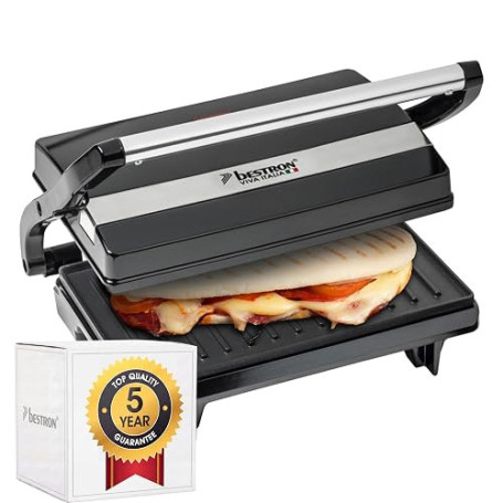 Bestron Machine a panini avec bac de récupération, Appareil panini avec poignée Cool-Touch, Paninimaker avec revêtement antiadhé