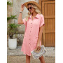 PASUDA Robe Eté Femme Chic et Elegant Coton Robes Chemise Longueur Genou Tunique à Manches Courtes Col V Robe de Plage Décontrac