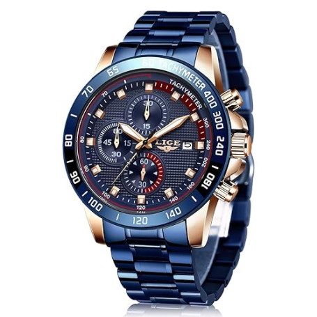LIGE Montre Homme Chronographe Sport Étanche Acier Inoxydable d'affaires Mouvement Analogique à Quartz Montres Bracelet pour Hom