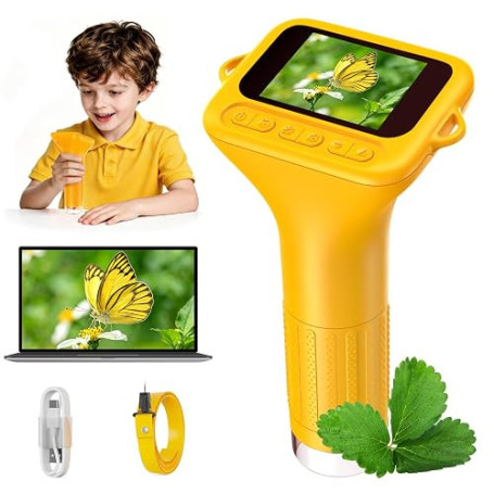 ASPOVEN Microscope Enfant Portable 1000X – Microscope Numérique avec Écran IPS 2 Pouces et 8 LED, Fonction Photo & Vidéo, Cadeau