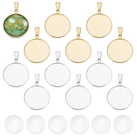 UNICRAFTALE 30 Ensembles Pendentifs Cabochon Breloques de Collier de Cabochon Rond Acier Inoxydable avec des Bélières de Pinceme