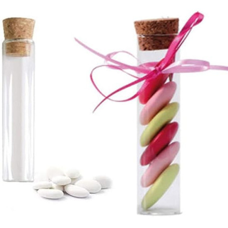 Aurora Store Lot de 48 bouteilles en verre avec bouchon en liège, bonbonnière pour dragées, 12 cm, diamètre 2,5 cm, type tube de