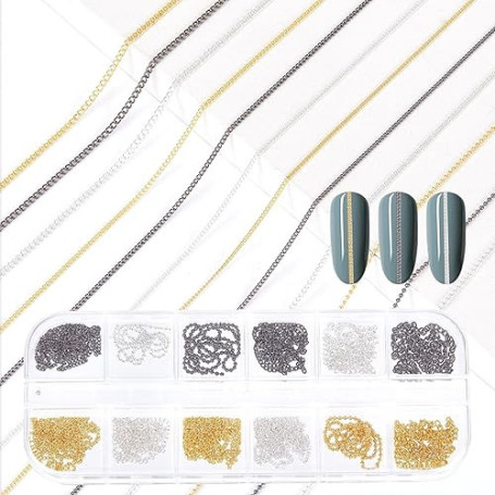 NICENEEDED 12 Bandes de Chaînes à Clous 3D pour Bijoux Chaînes à Ongles Or Argent Gris Foncé Accessoires de Nail Art en Métal av