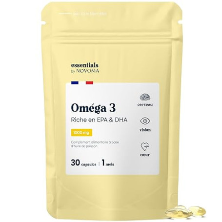 Omega 3 EPA DHA 1000 mg - Cœur, Cerveau & Vision - 30 Capsules pour 1 Mois - Oméga 3 Huile Poisson Sauvage - Sans Odeur - Condit