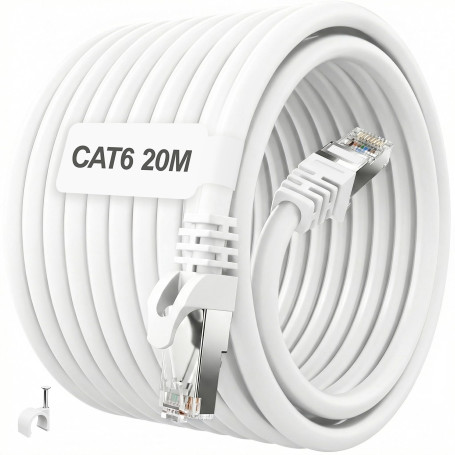 ikbc Cable Ethernet 20m, Cable RJ45 Cat 6 20m FTP Blindé Câble Réseau 1000Mbps, Câble Internet Gigabit RJ45 20 mètres Extérieur 