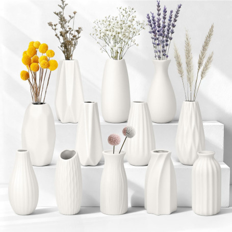JBER Lot de 12 Petits Vases Décoratifs - 13 cm Vase Blanc en Céramique Mate pour Herbe de la Pampa, Fleurs Séchées - Décoration 