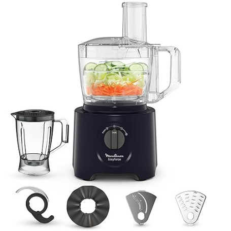 Moulinex Easy Force, Robot Cuisine Multifonction Compact 3L, 800W, 2 Vitesses + Pulse, 25 fonctions, 6 accessoires, Blender, Râp