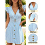 crazy bean Robe Femme Été col V sans Manches à Volants Mini Robes de Plage Chic et Elegant des Rayures Fluide Patineuse